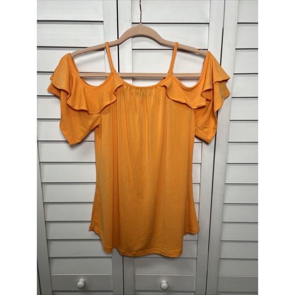 New York & Company Cold Shoulder Ruched Top Size Medium Orange NWT - Picture 8 of 8